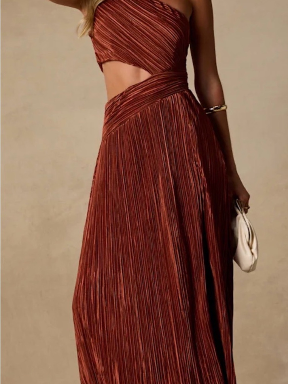 Rocca Rust Plisse Pleated Cutout One-Shoulder Maxi Dress